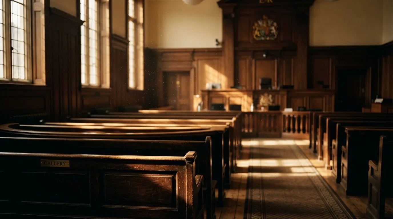 An empty courtroom with wooden benches in morning light