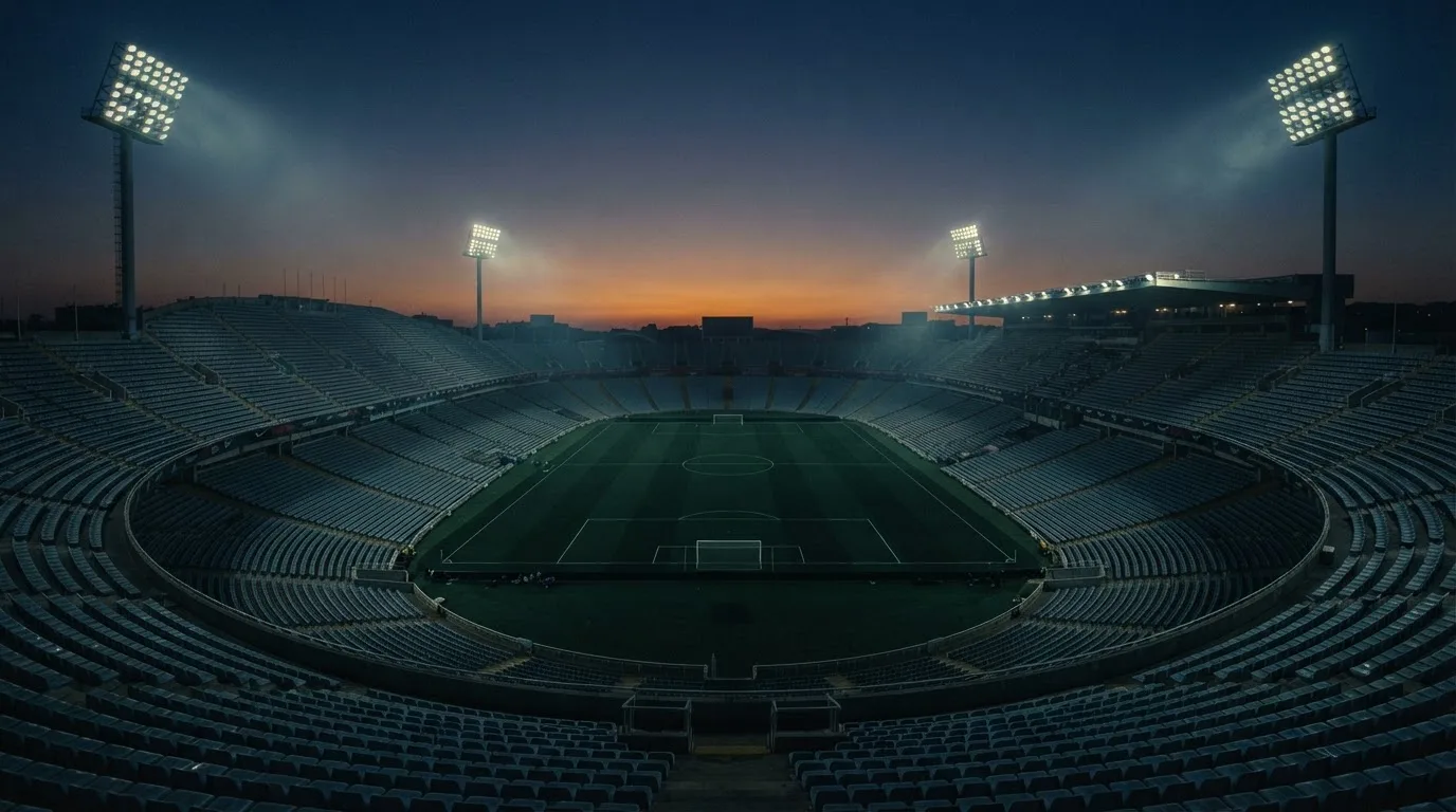 An empty football stadium with floodlight masts at dusk