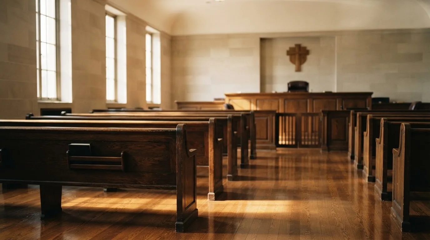 An empty courtroom with wooden benches in morning light