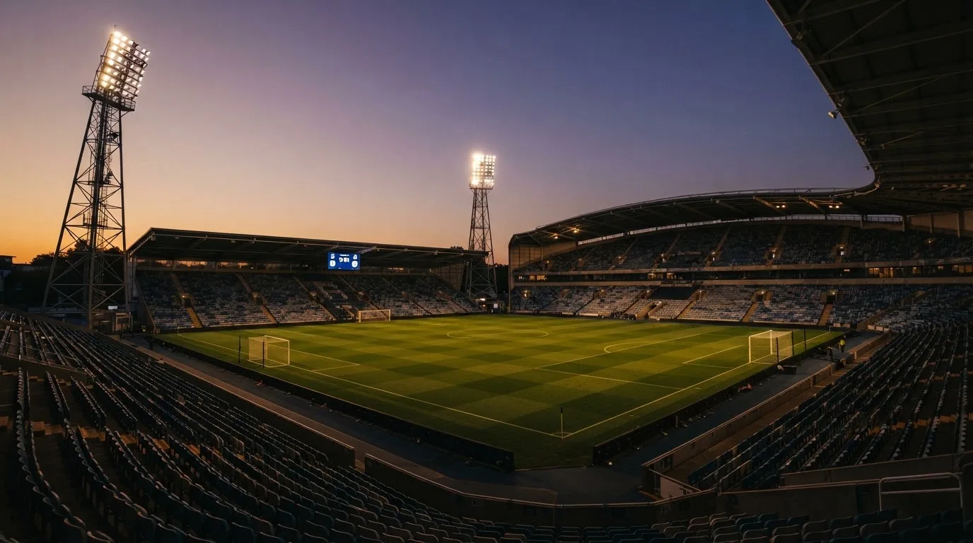 An empty football stadium with floodlight masts at dusk