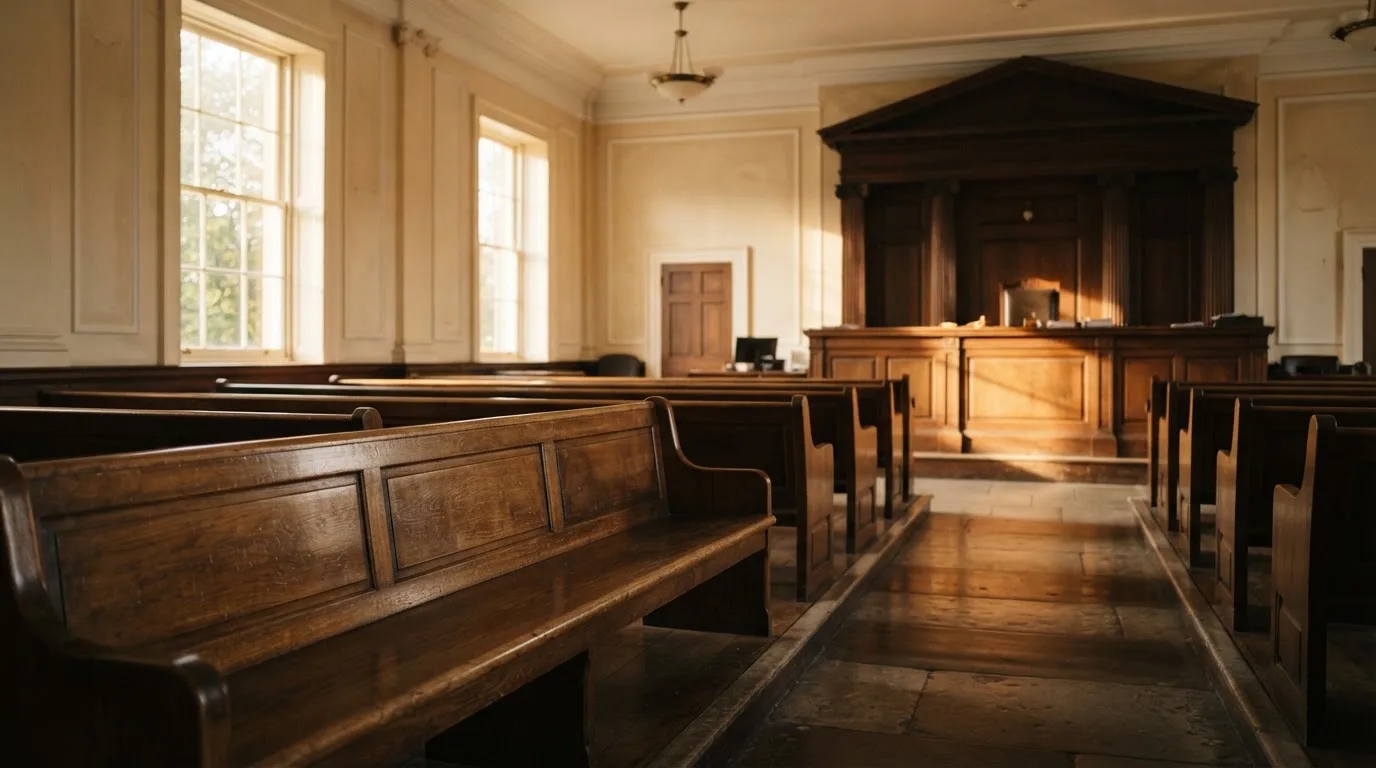 An empty courtroom with wooden benches in morning light