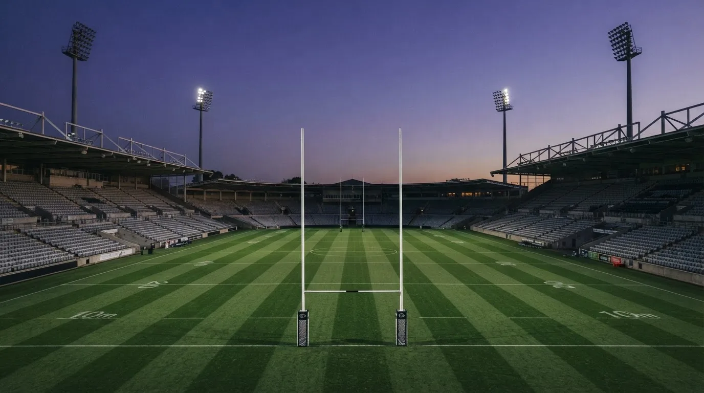 An empty football stadium with floodlight masts at dusk