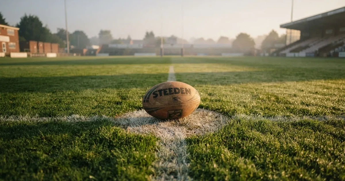 A ball on the centre spot of a grass pitch in morning light