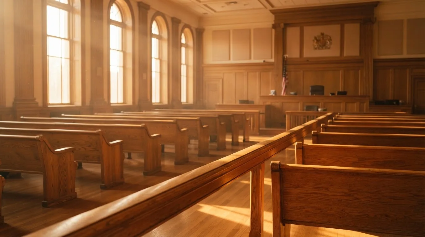 An empty courtroom with wooden benches in morning light