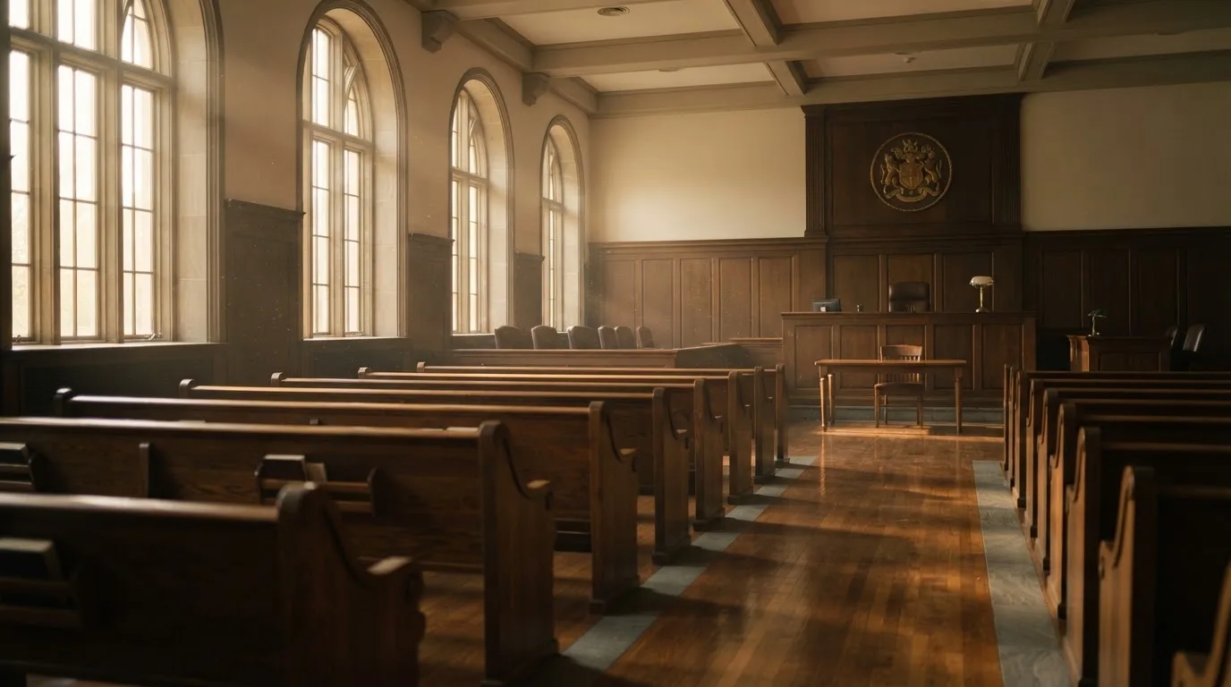 An empty courtroom with wooden benches in morning light