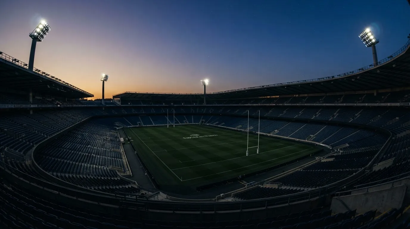 An empty football stadium with floodlight masts at dusk