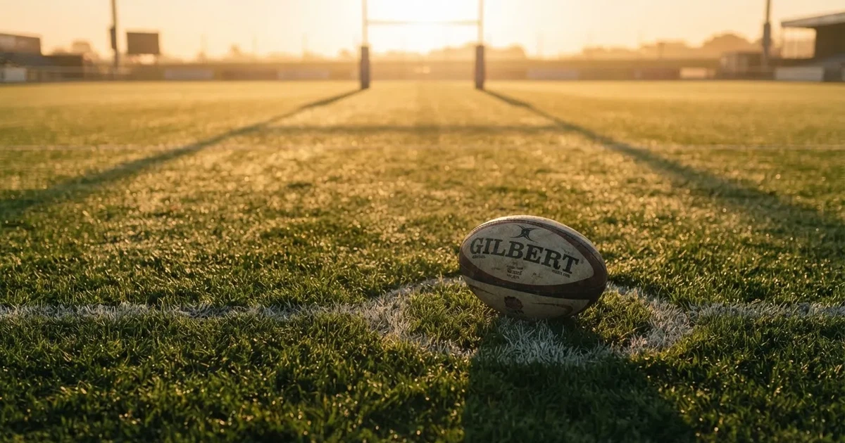 A ball on the centre spot of a grass pitch in morning light