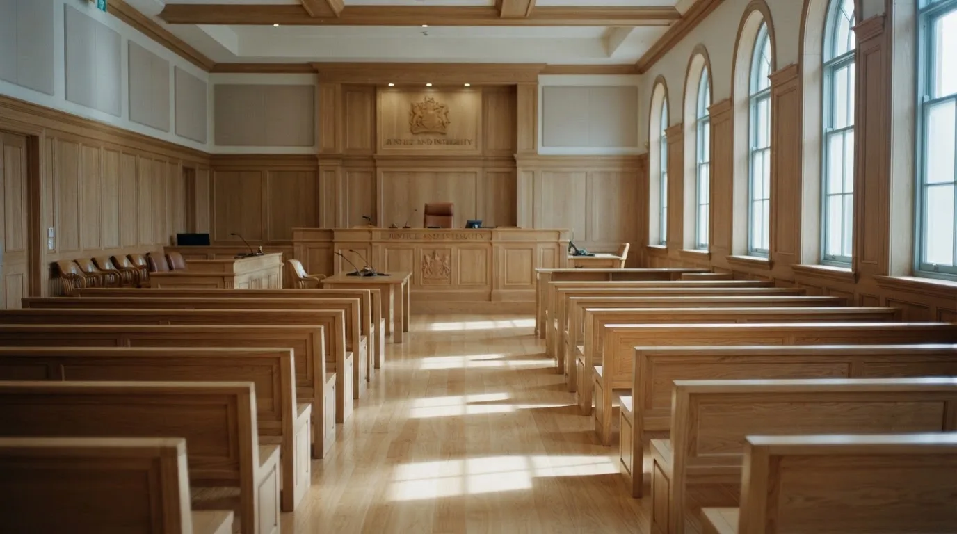 An empty courtroom with wooden benches in morning light