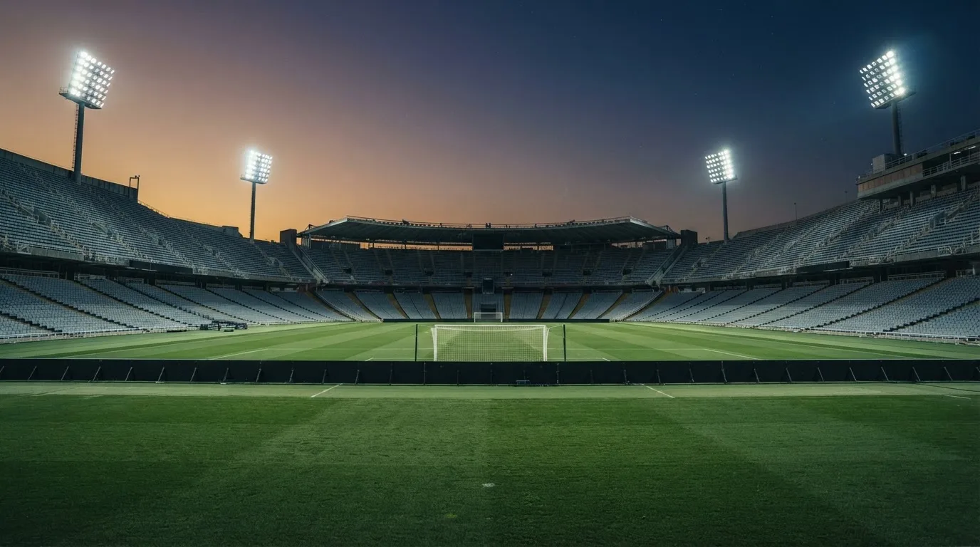 An empty football stadium with floodlight masts at dusk