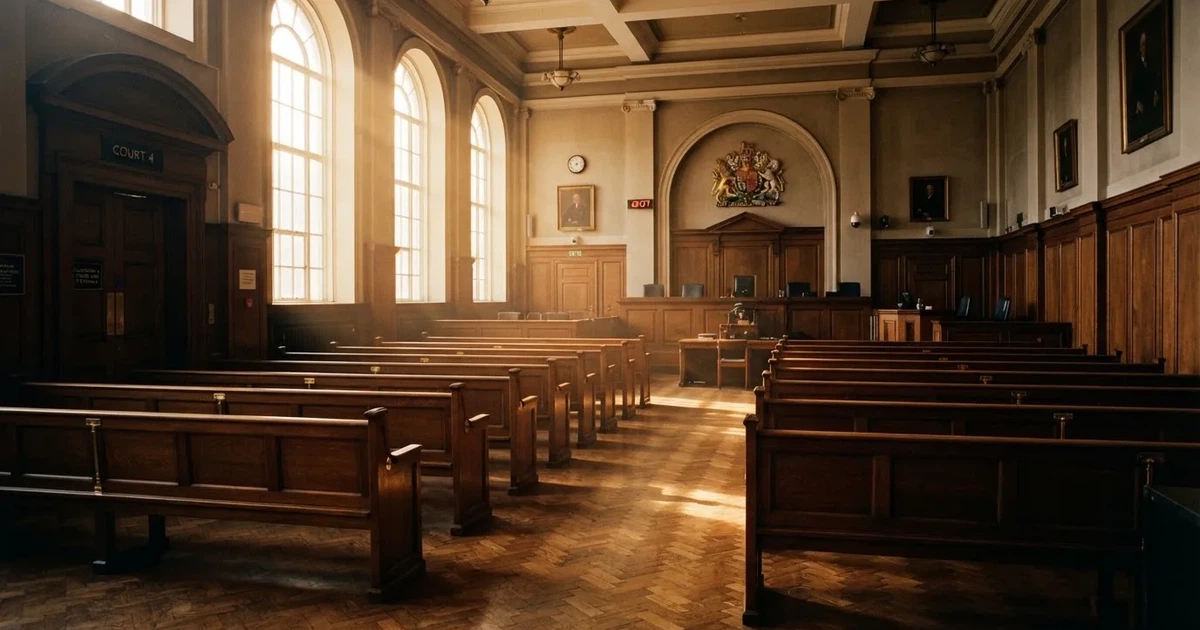 An empty courtroom with wooden benches in morning light