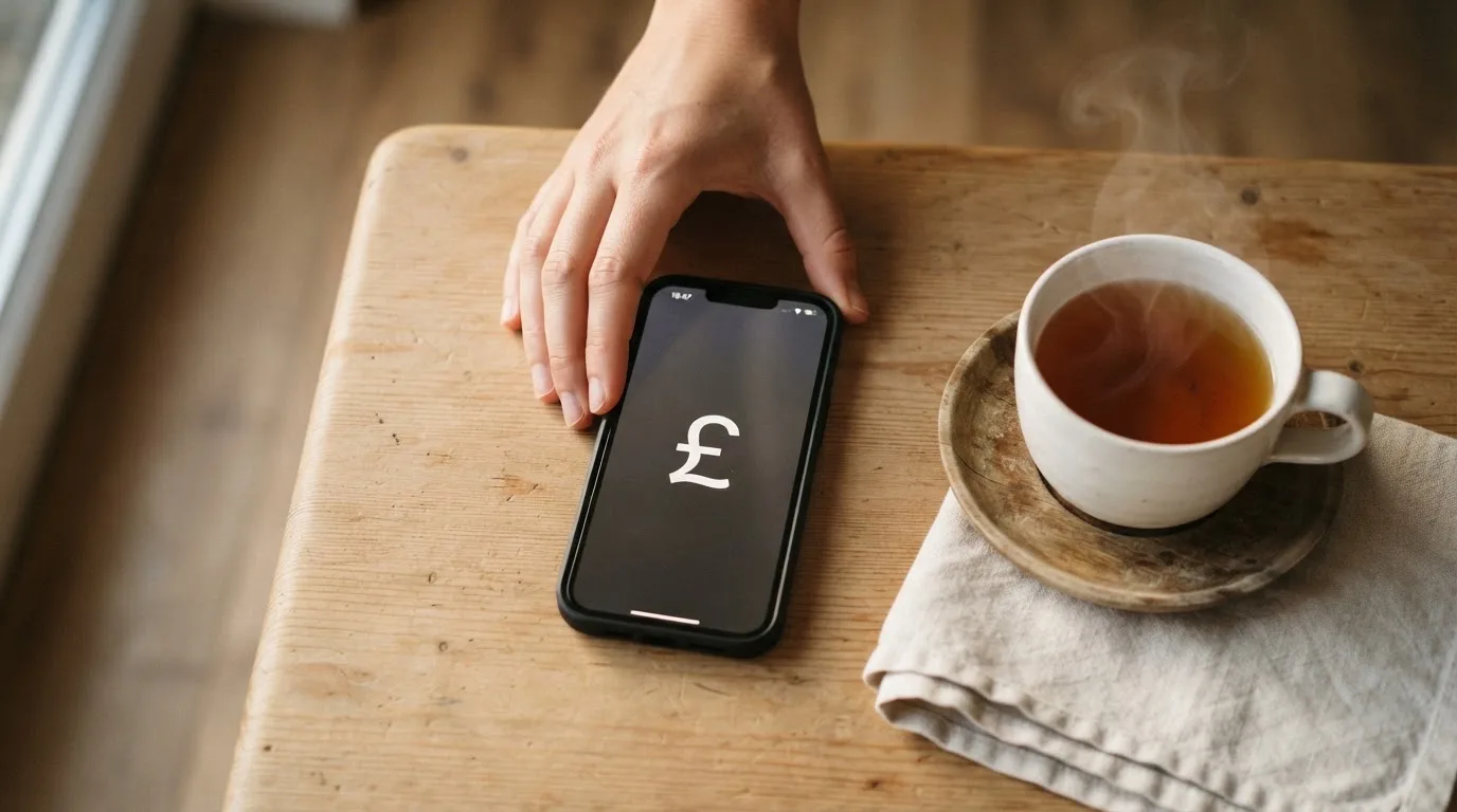 A hand setting a smartphone down beside a cup of tea on a kitchen table on a quiet evening