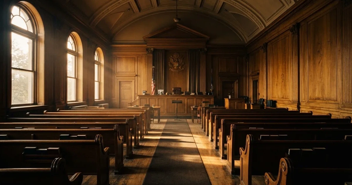 An empty courtroom with wooden benches in morning light