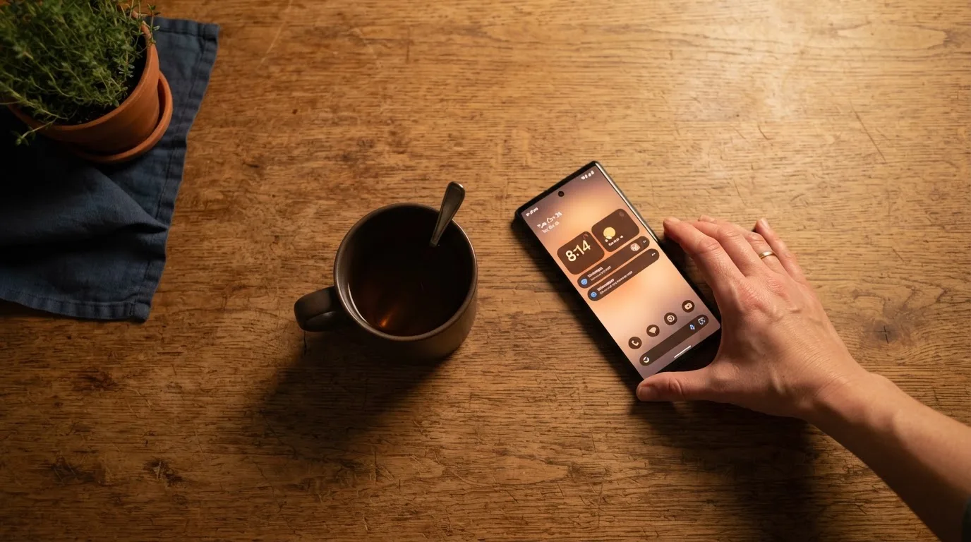 A hand setting a smartphone down beside a cup of tea on a kitchen table on a quiet evening