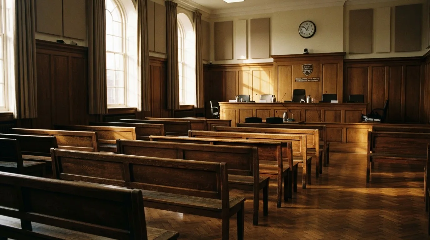 An empty courtroom with wooden benches in morning light