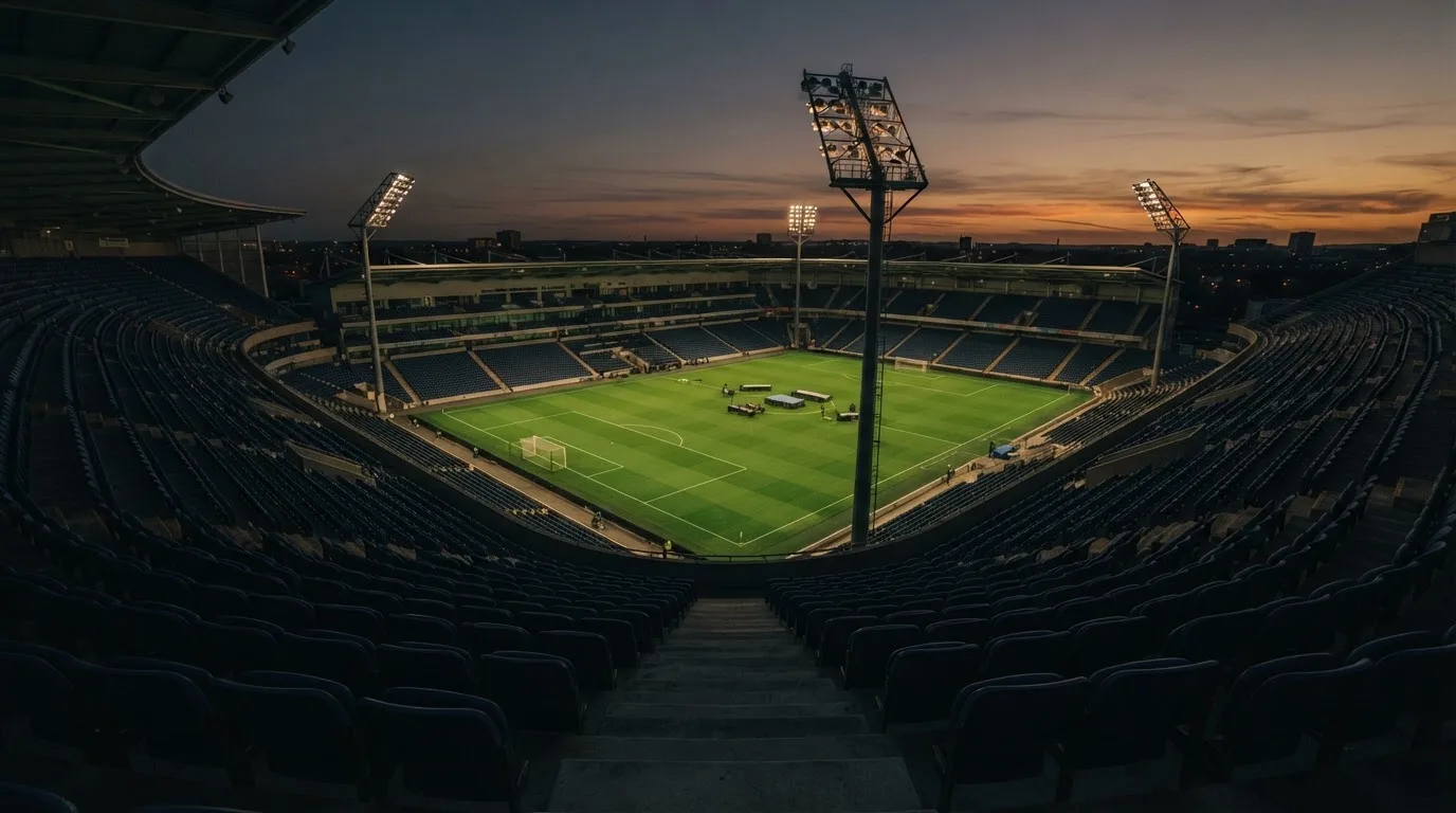 An empty football stadium with floodlight masts at dusk