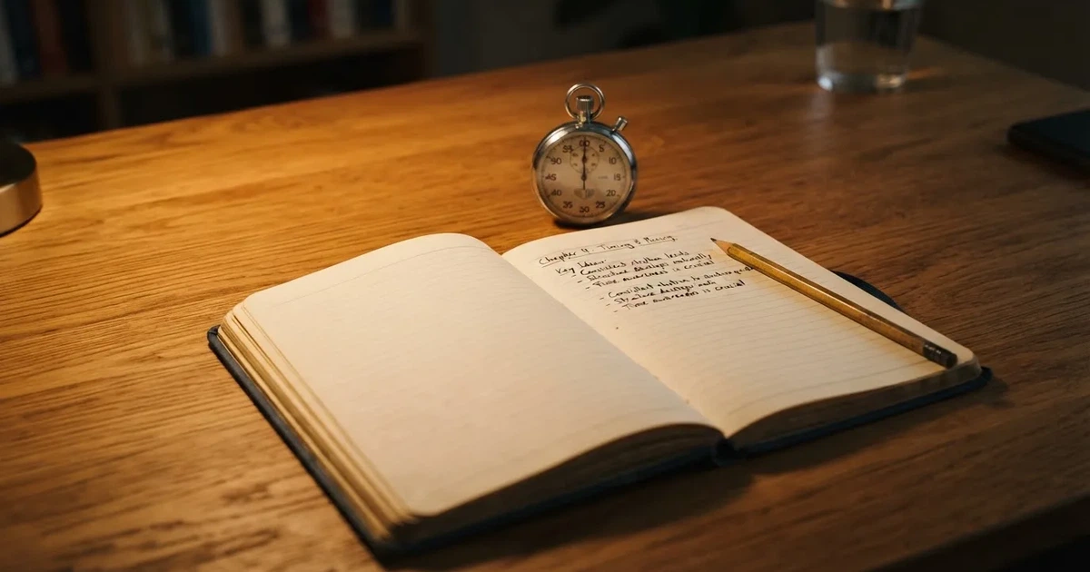 An open notebook with a pencil and a stopwatch on a wooden table
