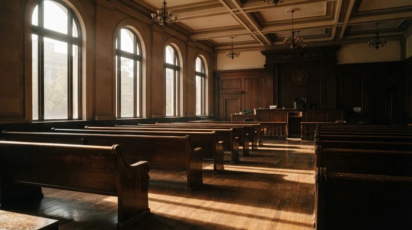 An empty courtroom with wooden benches in morning light