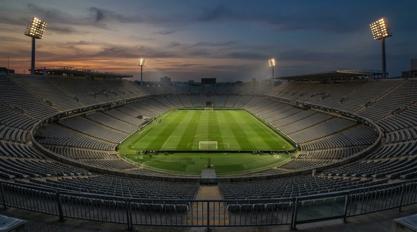 An empty football stadium with floodlight masts at dusk