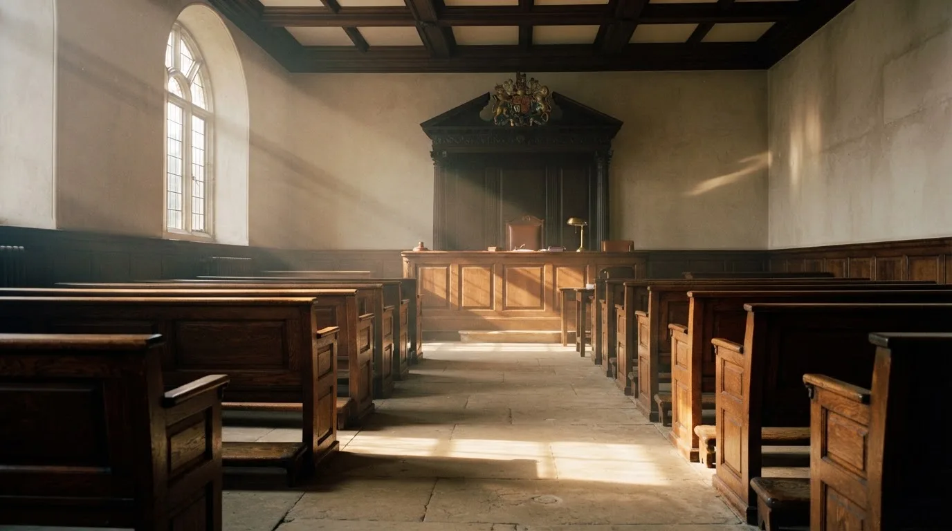 An empty courtroom with wooden benches in morning light