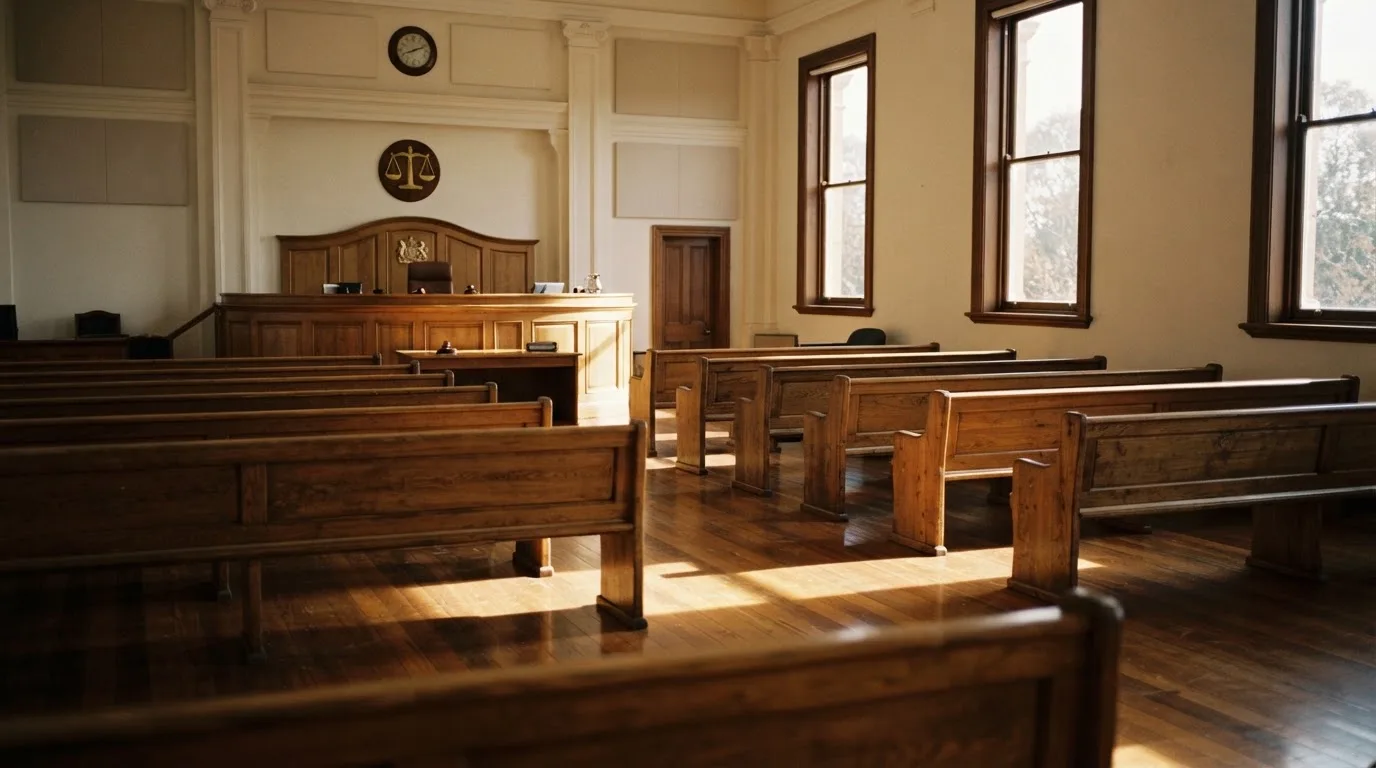 An empty courtroom with wooden benches in morning light