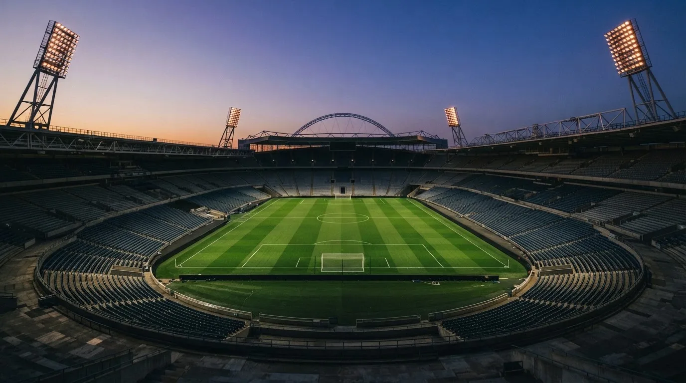 An empty football stadium with floodlight masts at dusk