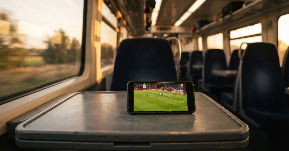 A hand holding a smartphone on a train in the evening, screen turned away