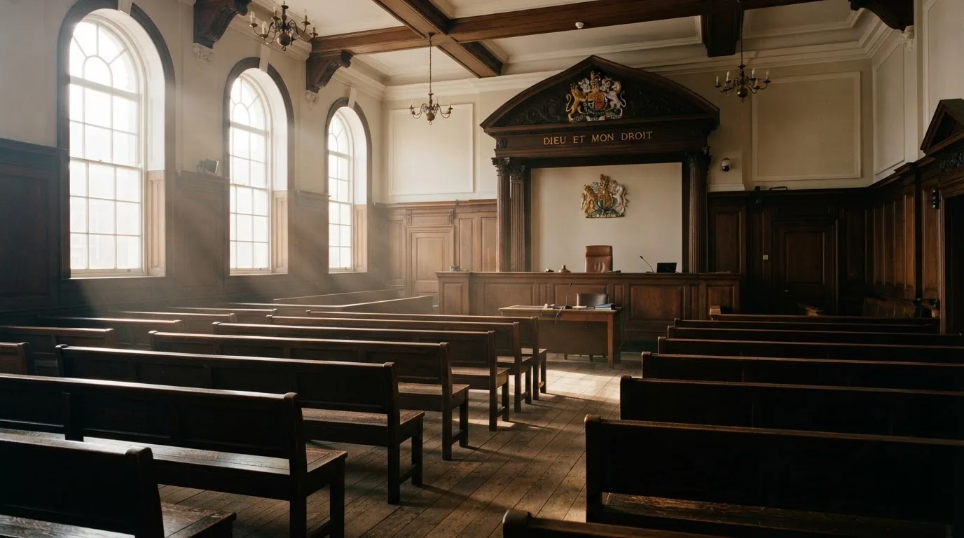 An empty courtroom with wooden benches in morning light