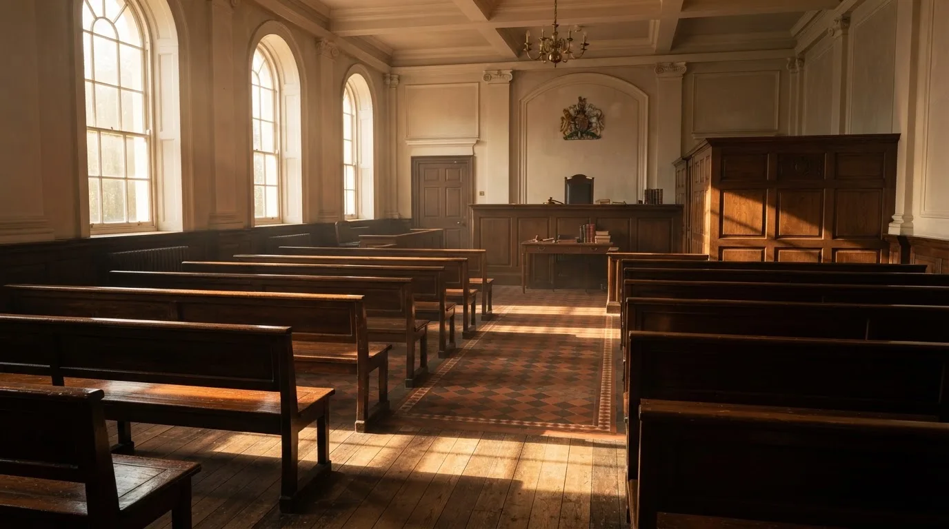 An empty courtroom with wooden benches in morning light