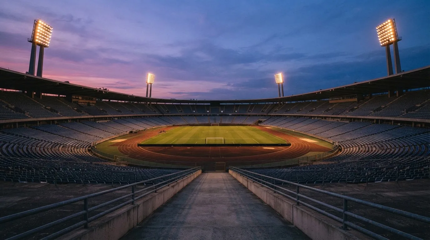 An empty football stadium with floodlight masts at dusk
