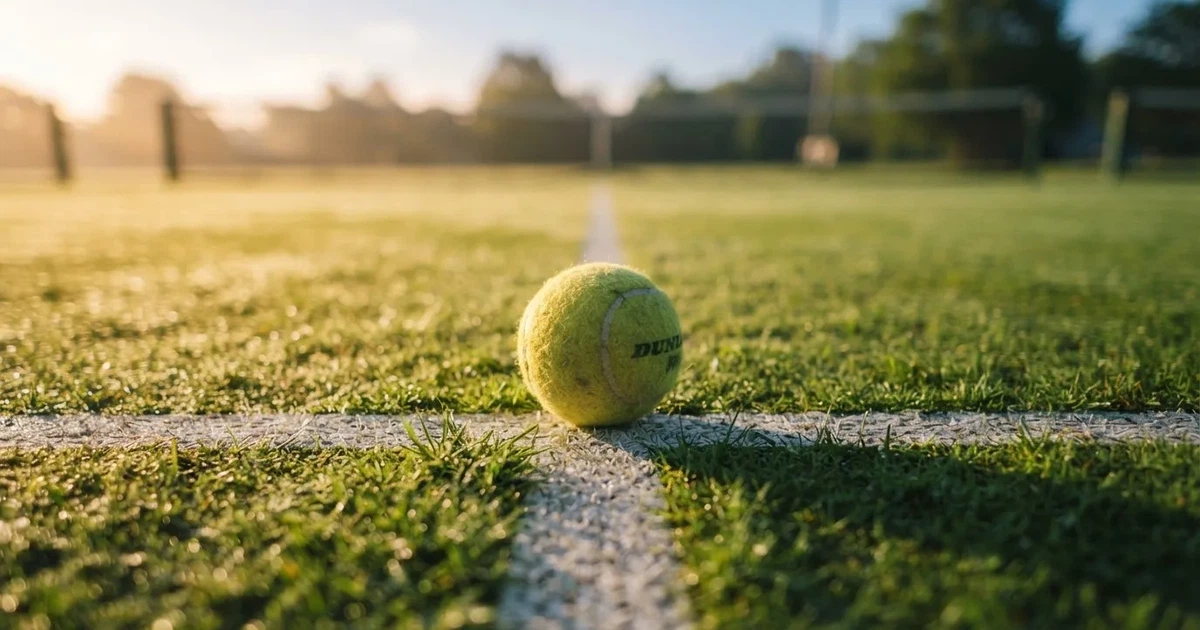 A ball on the centre spot of a grass pitch in morning light