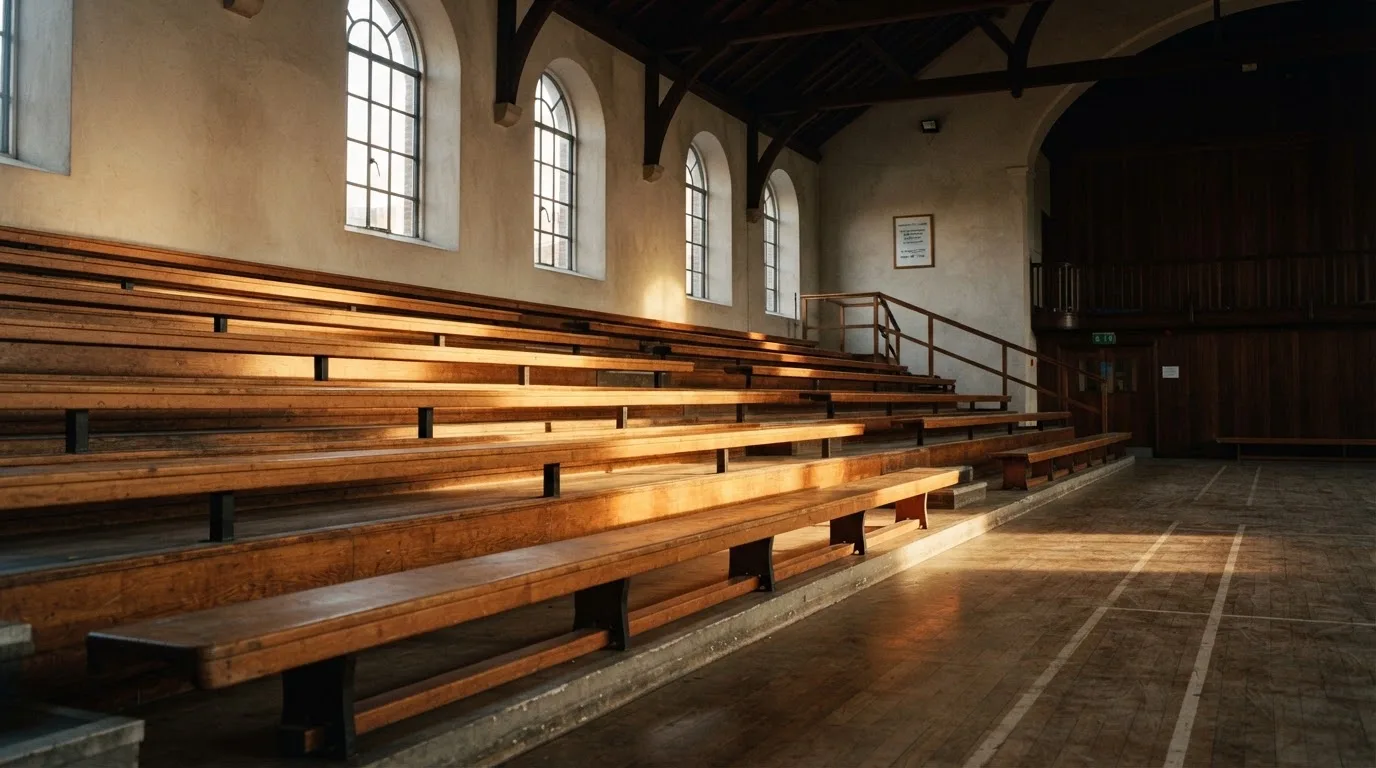 An empty courtroom with wooden benches in morning light
