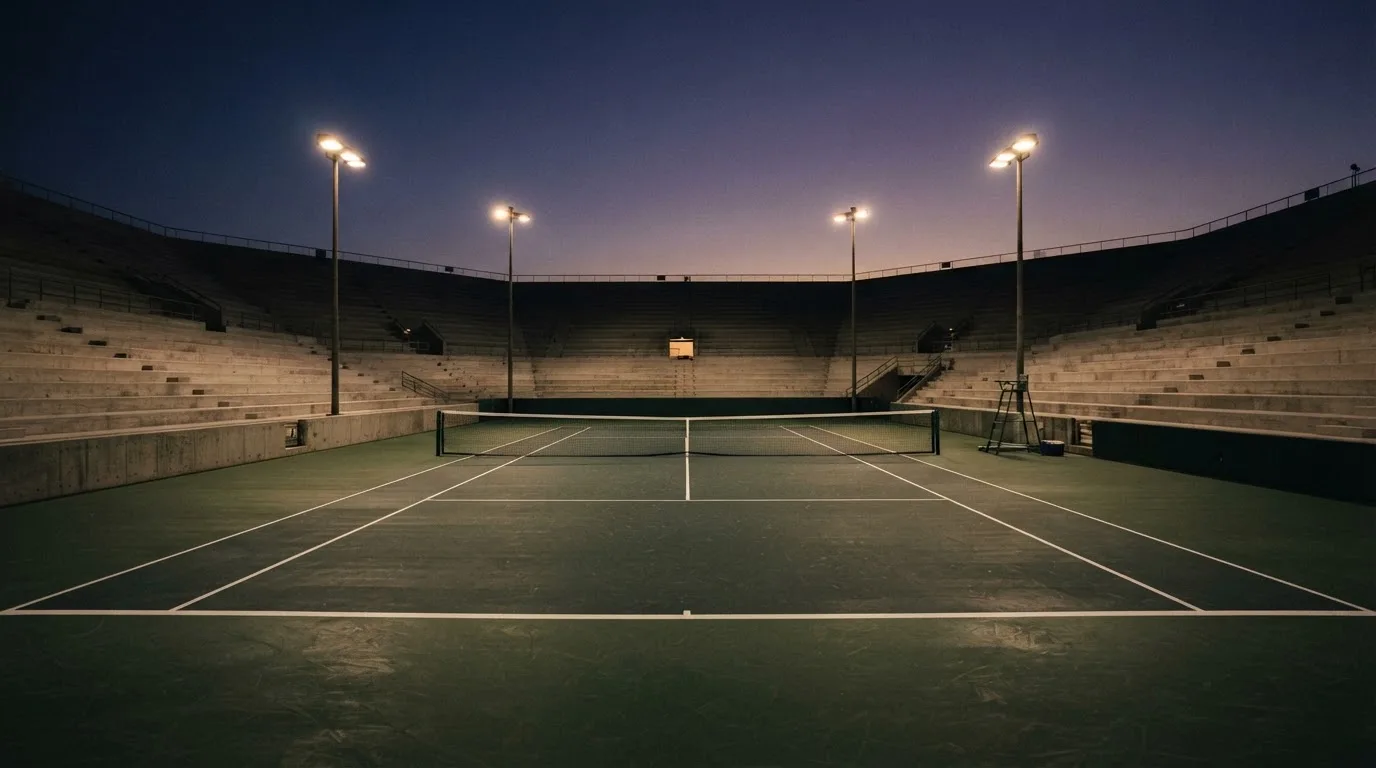 An empty football stadium with floodlight masts at dusk