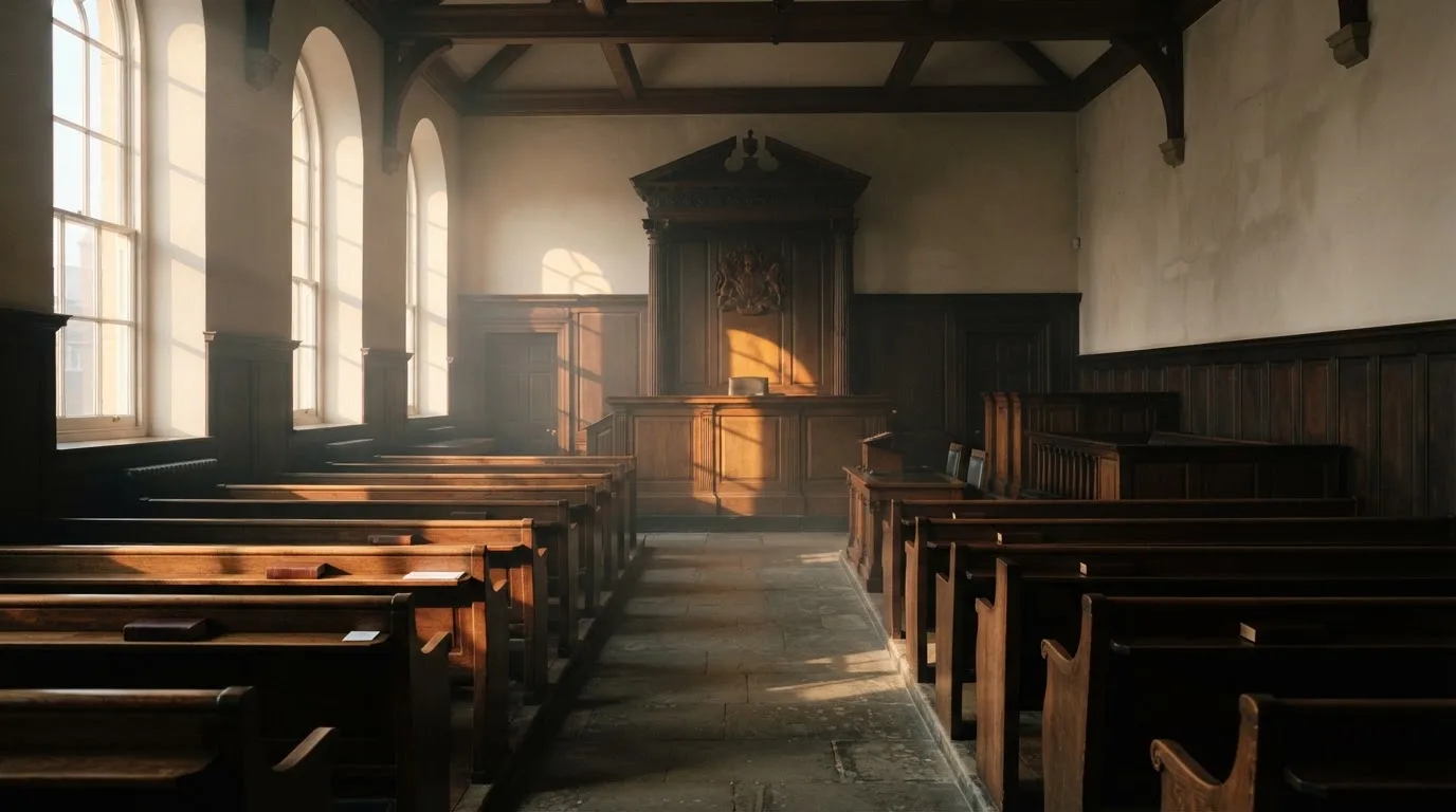 An empty courtroom with wooden benches in morning light