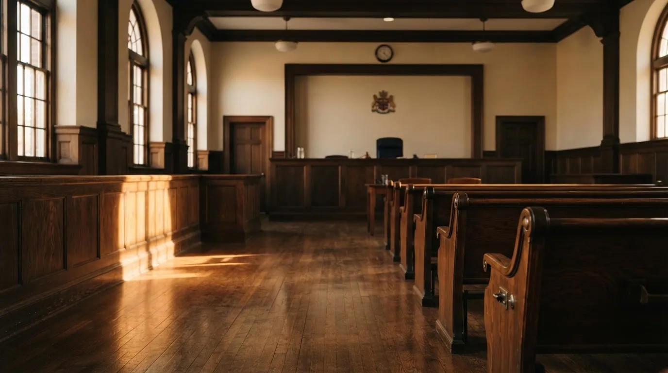 An empty courtroom with wooden benches in morning light