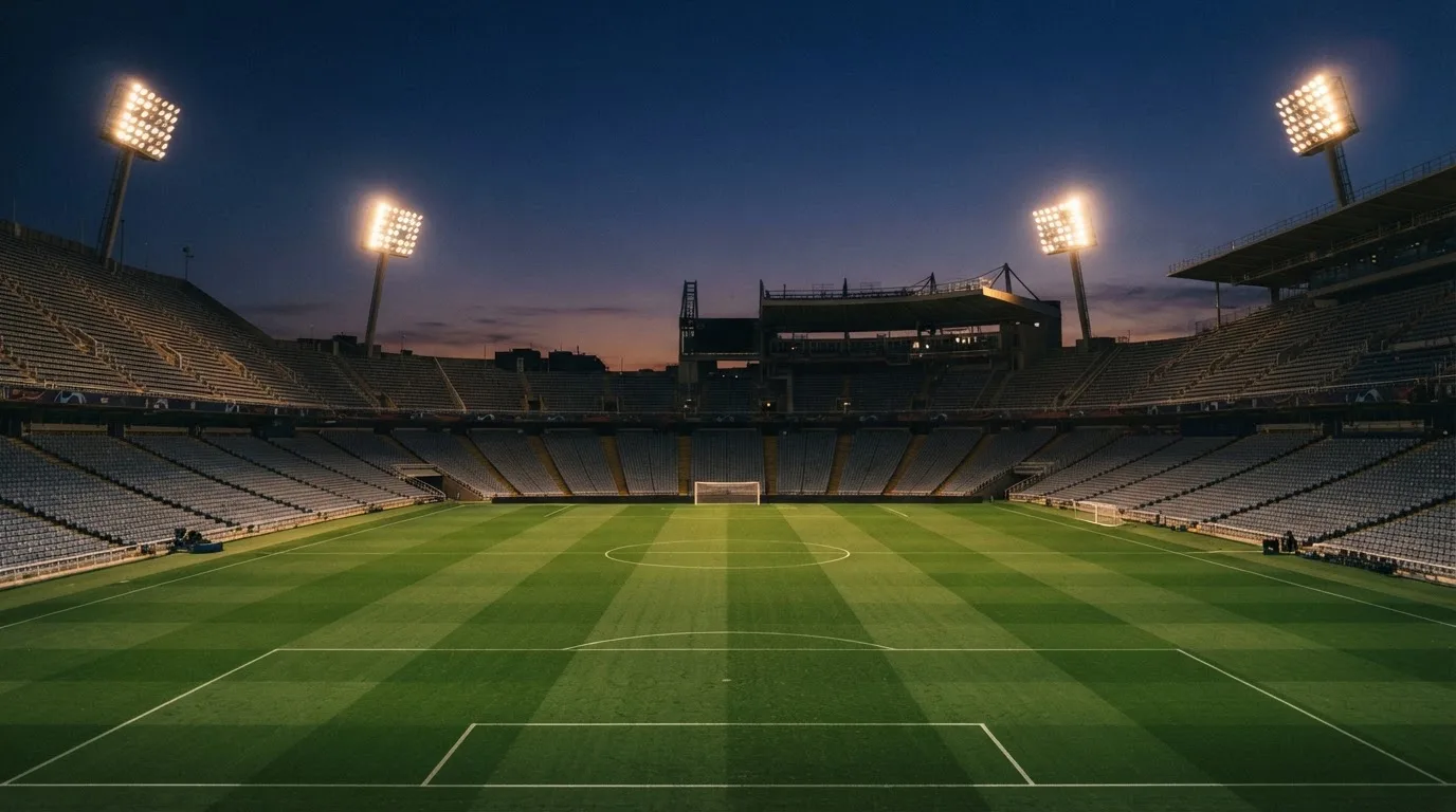 An empty football stadium with floodlight masts at dusk