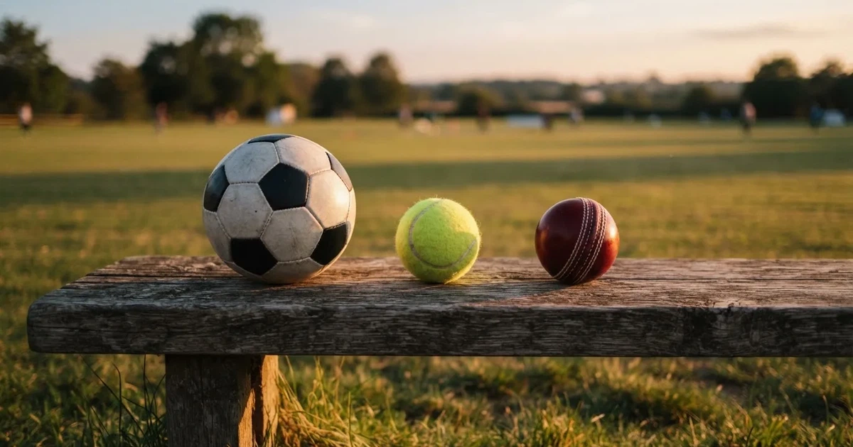 Three balls of different kinds side by side on a wooden bench