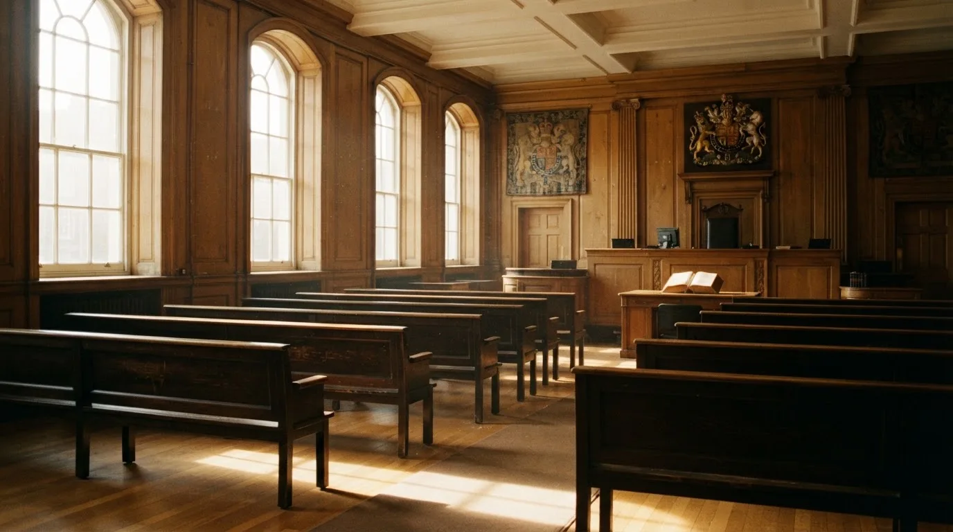 An empty courtroom with wooden benches in morning light