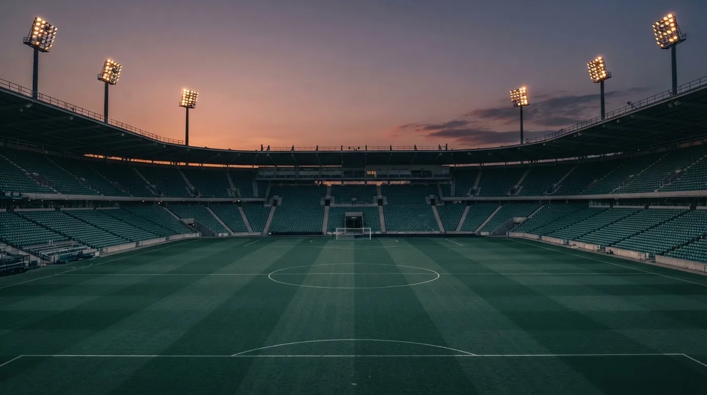 An empty football stadium with floodlight masts at dusk