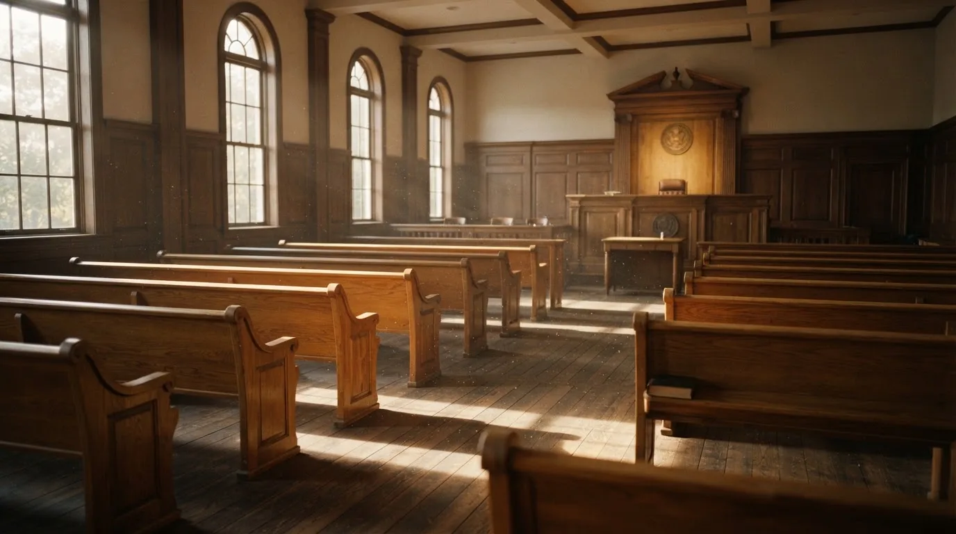 An empty courtroom with wooden benches in morning light