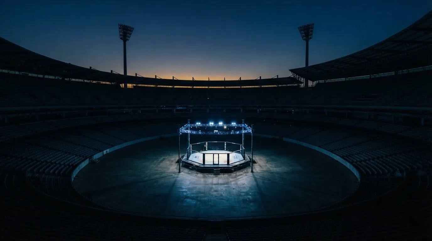 An empty football stadium with floodlight masts at dusk