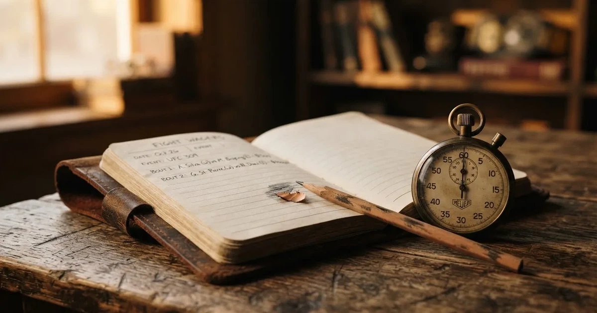 An open notebook with a pencil and a stopwatch on a wooden table