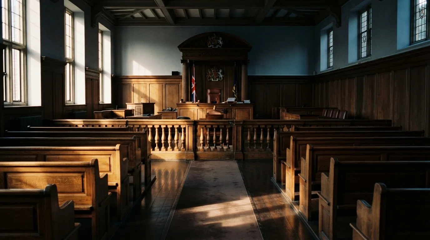 An empty courtroom with wooden benches in morning light