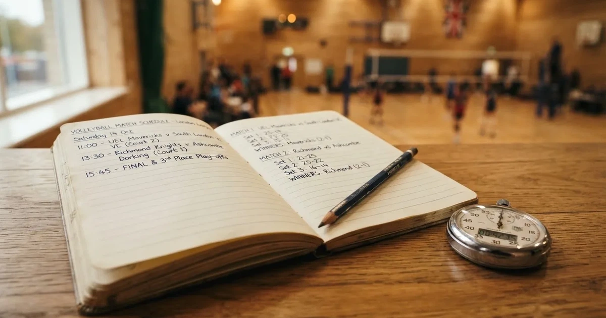 An open notebook with a pencil and a stopwatch on a wooden table