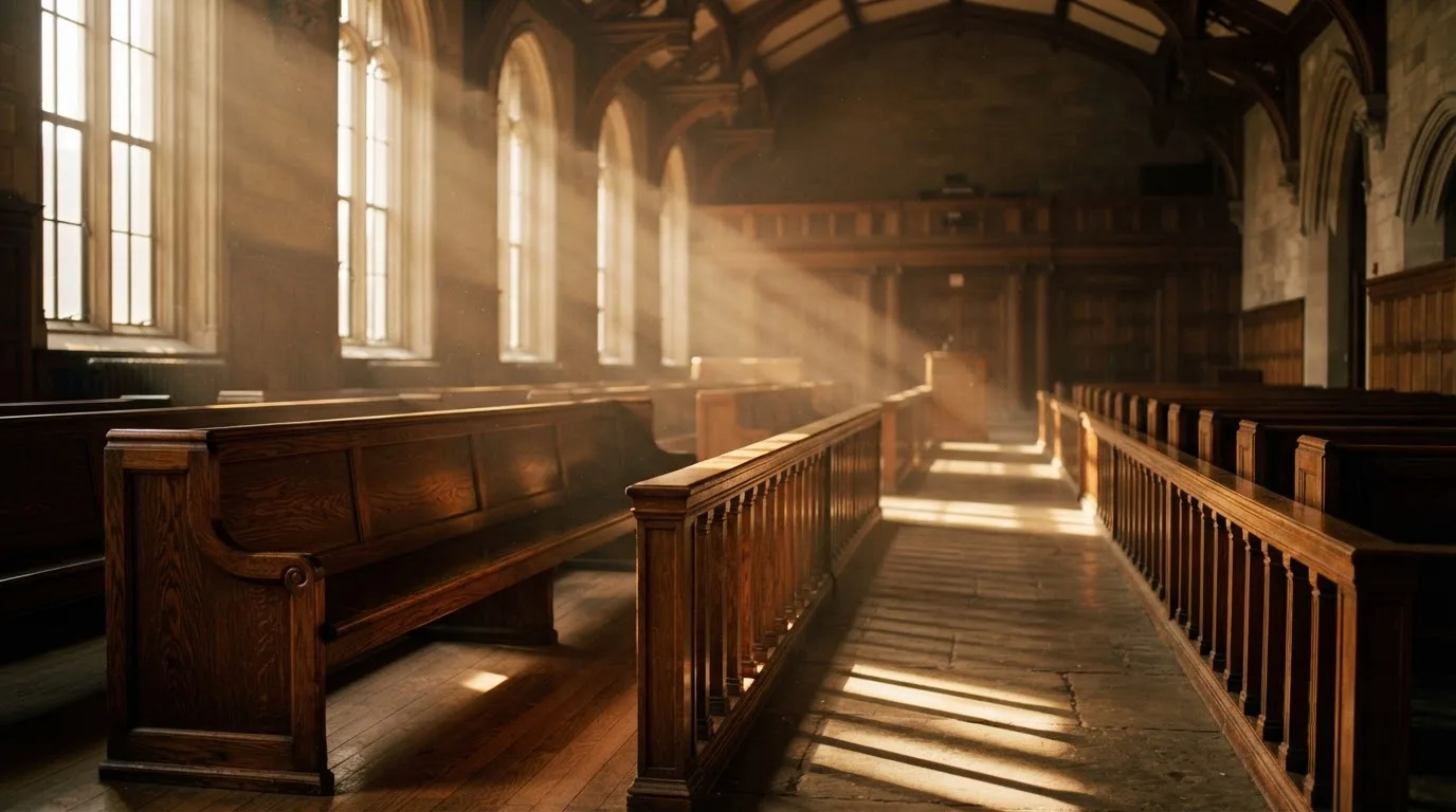 An empty courtroom with wooden benches in morning light