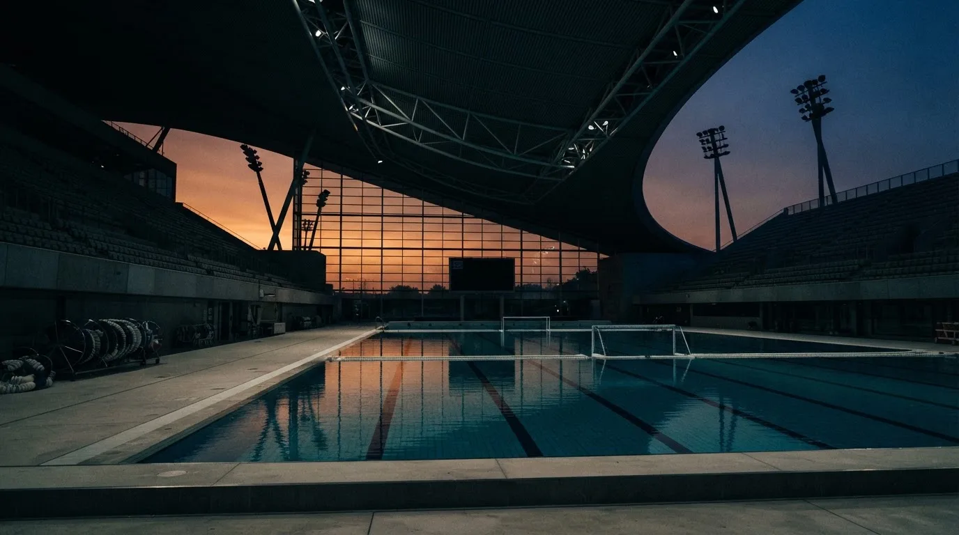 An empty football stadium with floodlight masts at dusk