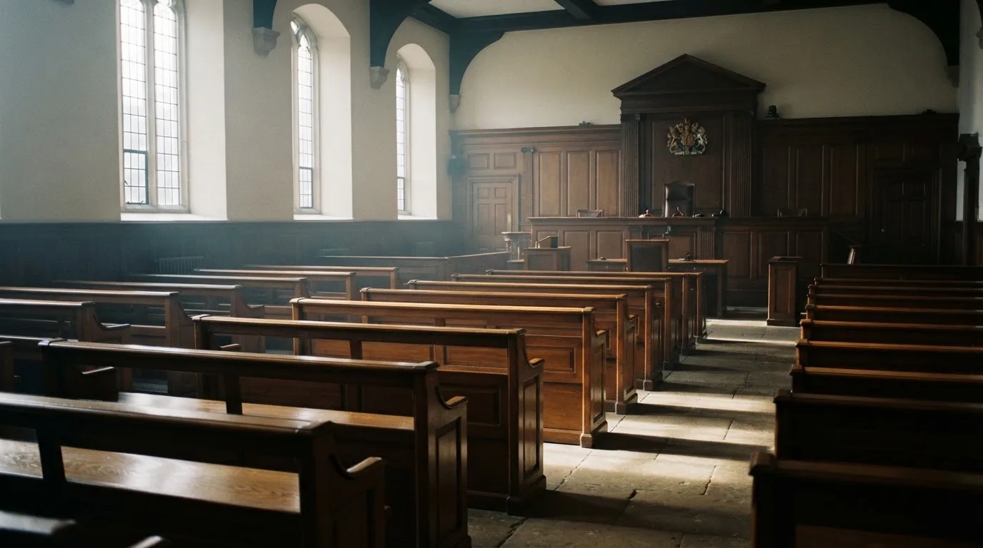 An empty courtroom with wooden benches in morning light