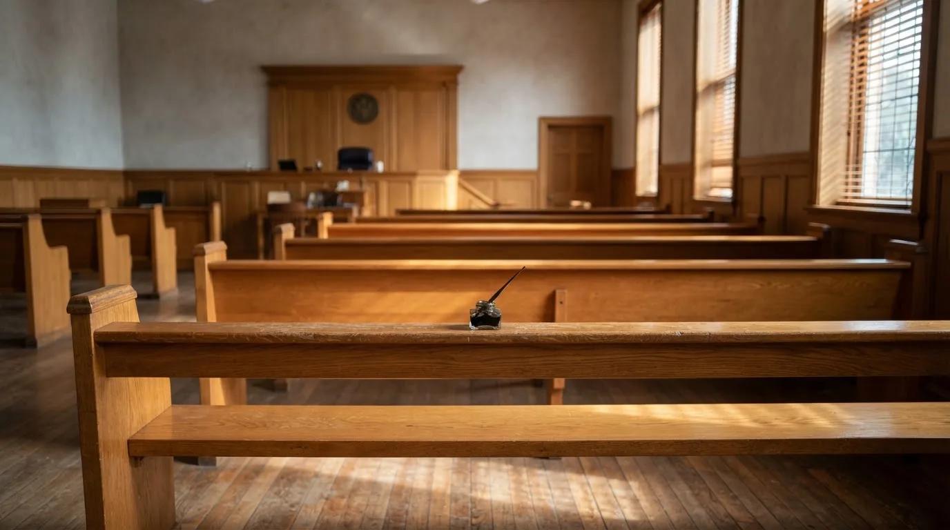 An empty courtroom with wooden benches in morning light