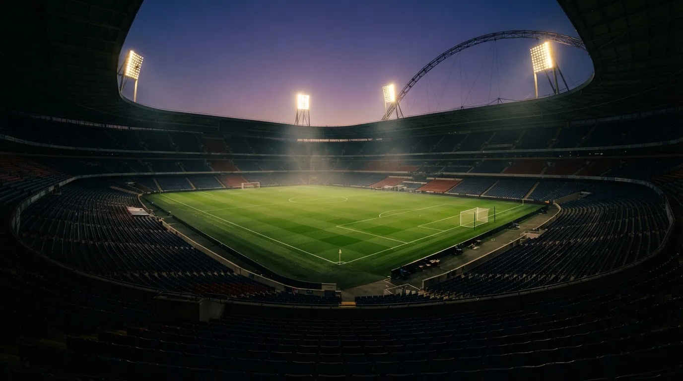 An empty football stadium with floodlight masts at dusk