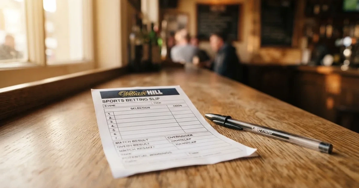 A blank paper betting slip beside a pen on a wooden counter