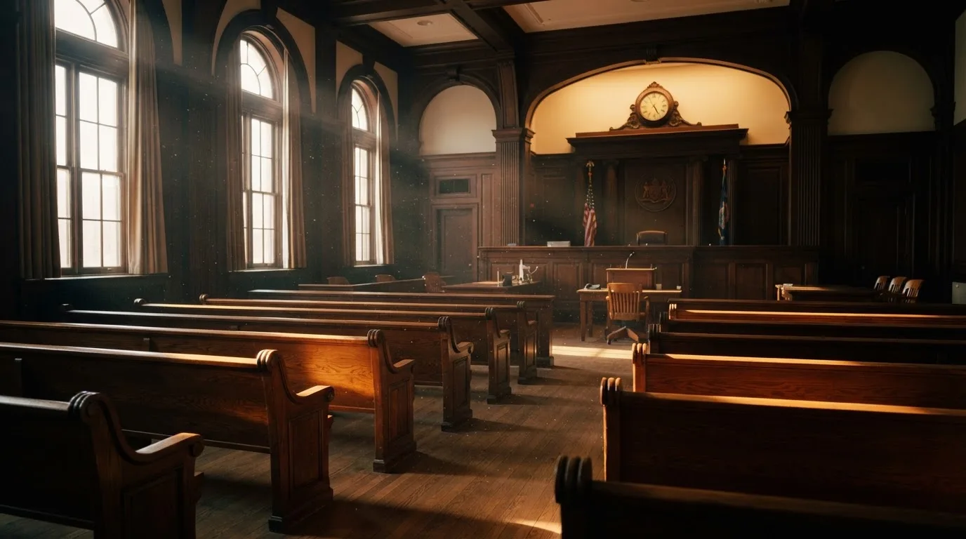 An empty courtroom with wooden benches in morning light